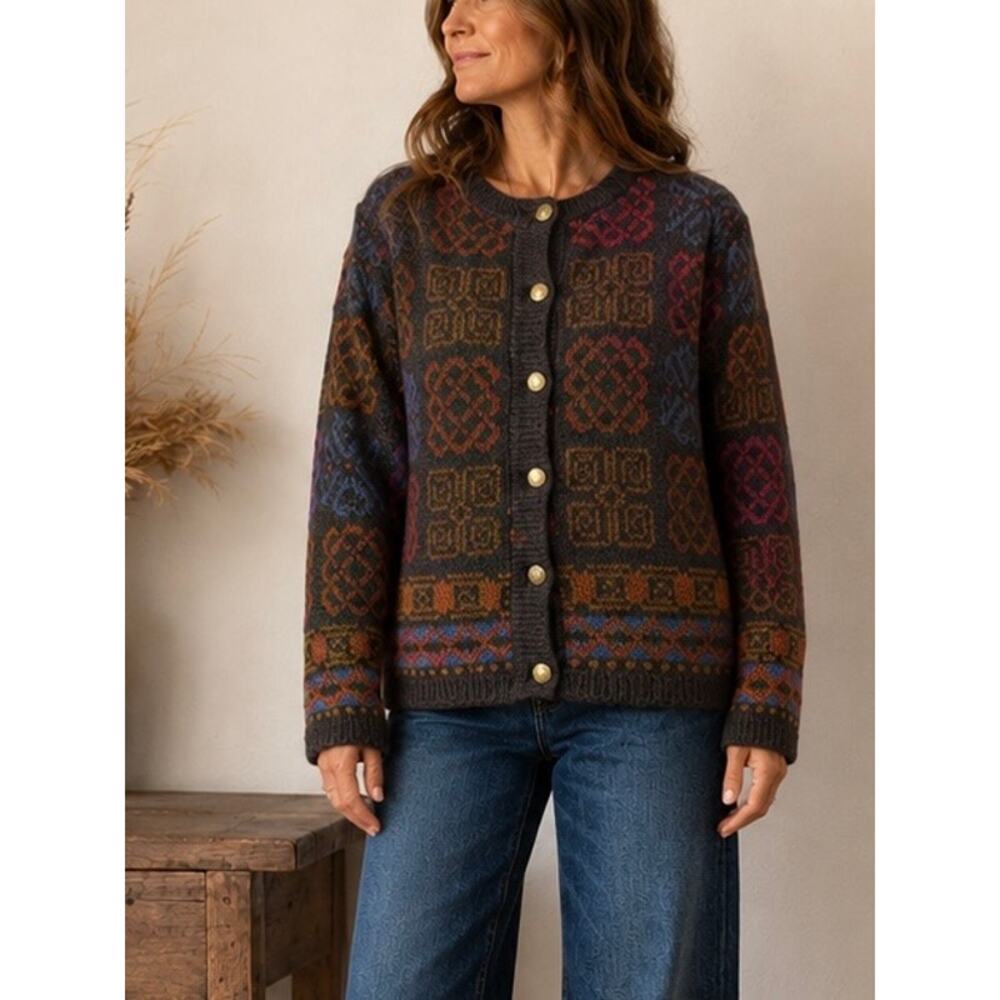 Vintage 90s Equorian Heritage Mohair Cardigan Size Large Celtic Gold Buttons - Picture 2 of 8